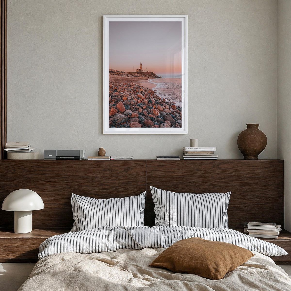 Lighthouse no. 1 colorful photo poster – vertical wall art in white wood frame with white border, hanging on wall