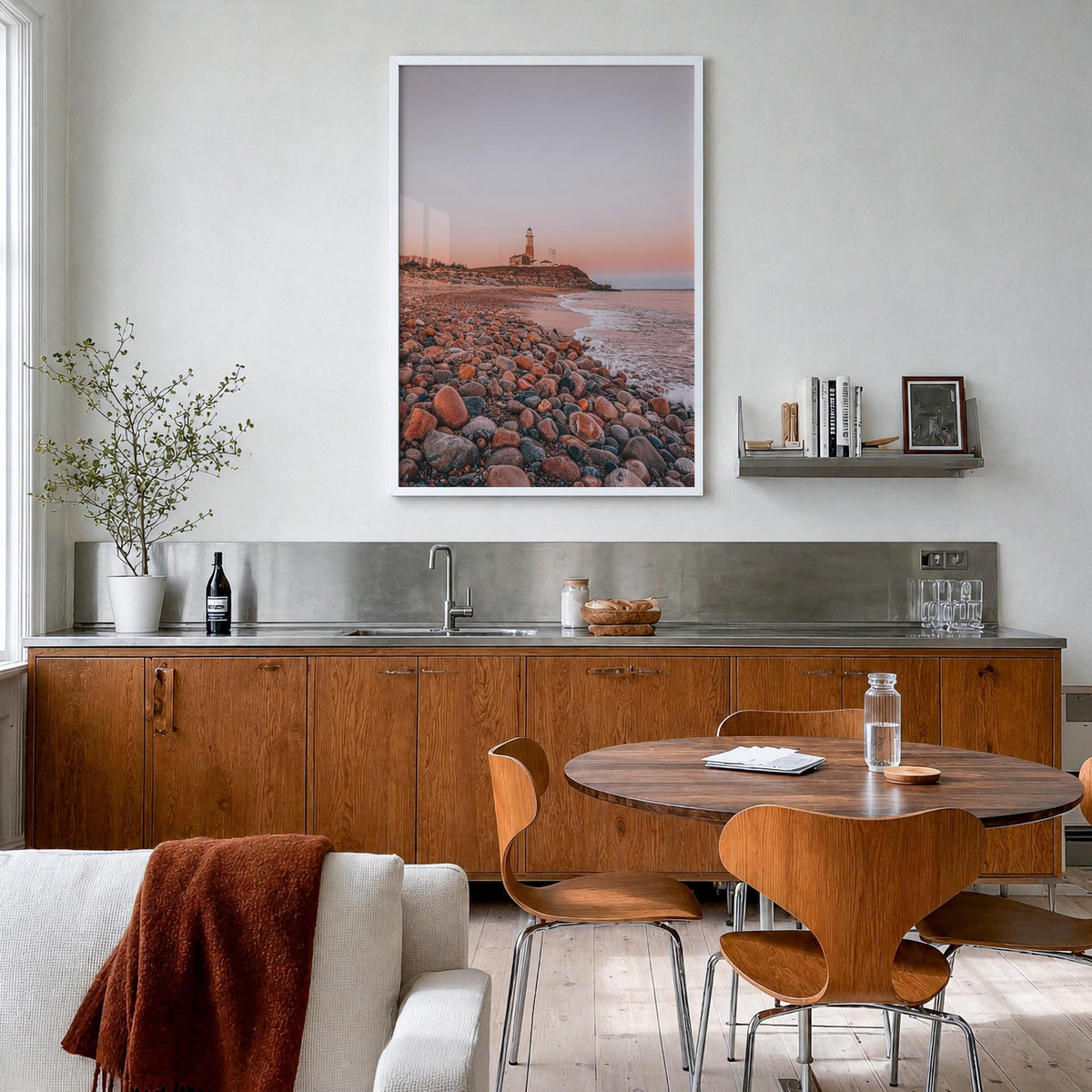 Lighthouse no. 1 colorful photo poster – vertical wall art in white wood frame, hanging on wall