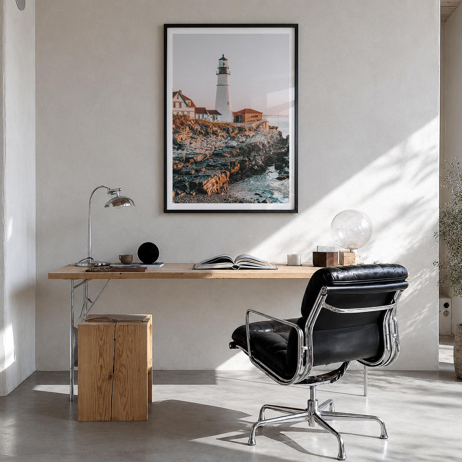 Lighthouse no. 2 colorful photo poster – vertical wall art in black wood frame with white border, hanging on wall