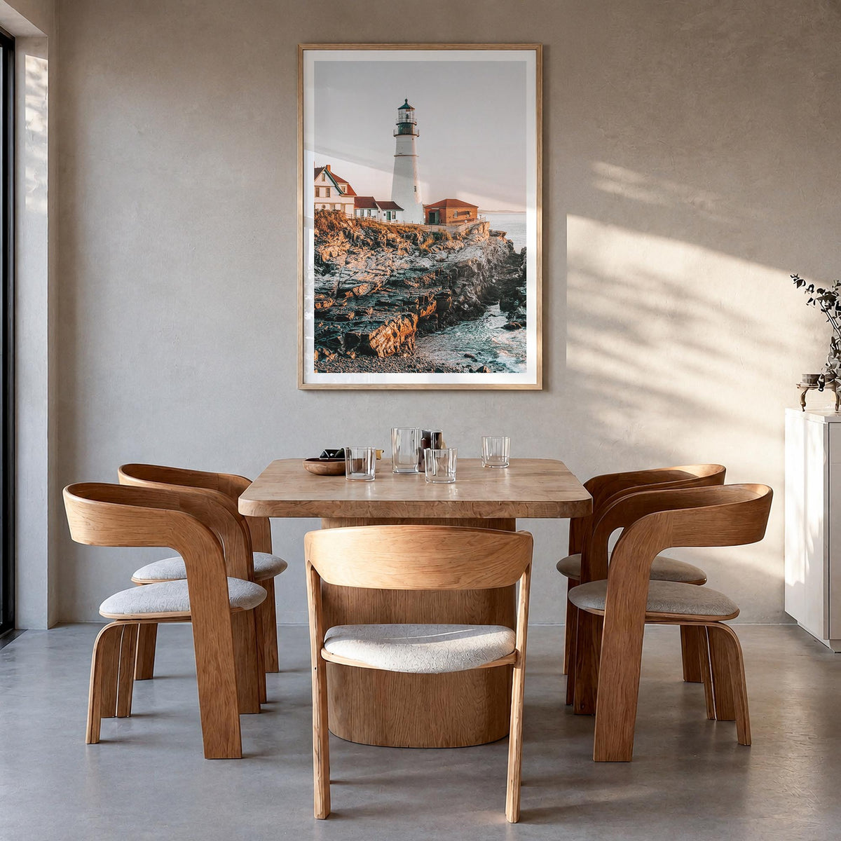 Lighthouse no. 2 colorful photo poster – vertical wall art in natural wood frame with white border, hanging on wall