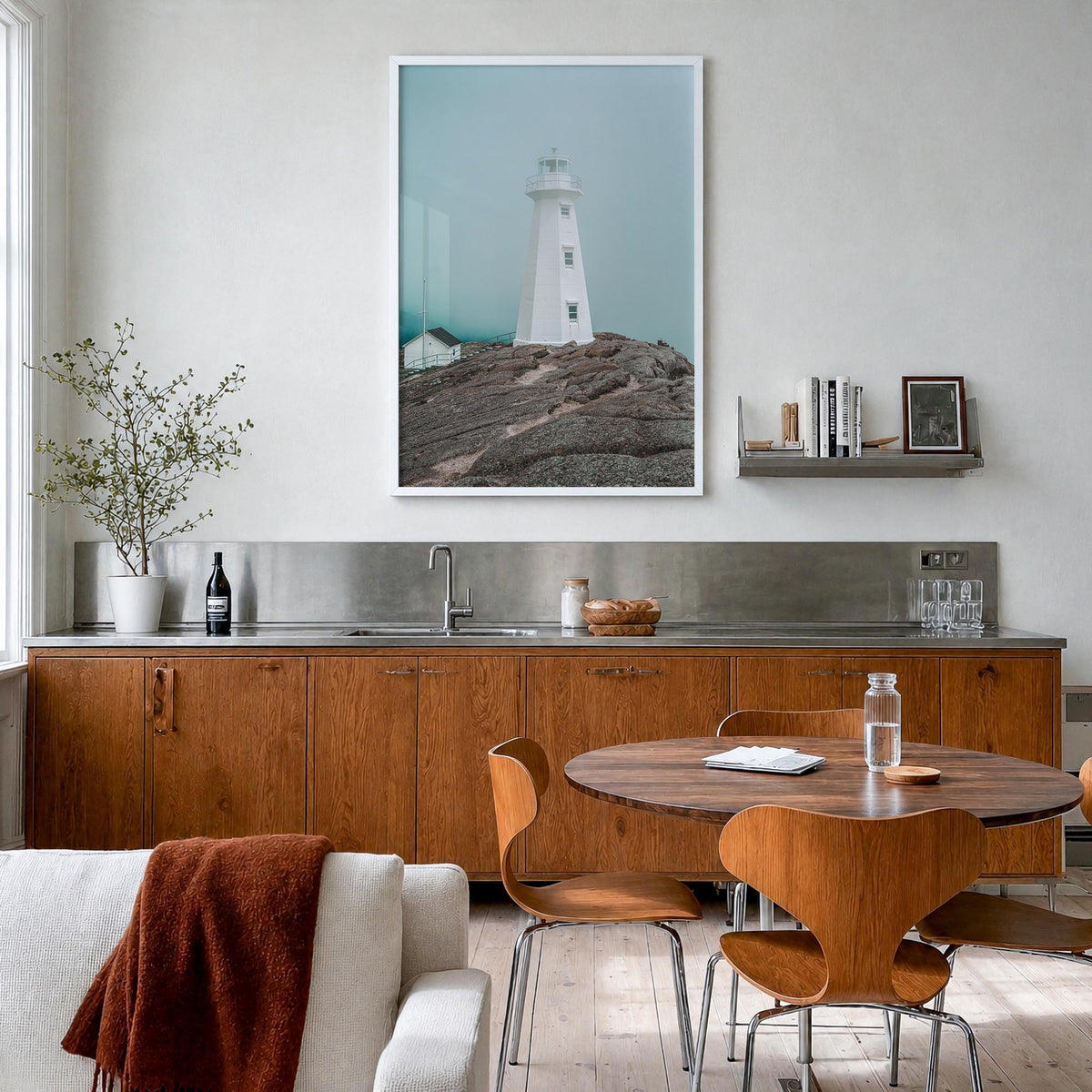 Lighthouse no. 3 colorful photo poster – vertical wall art in white wood frame, hanging on wall