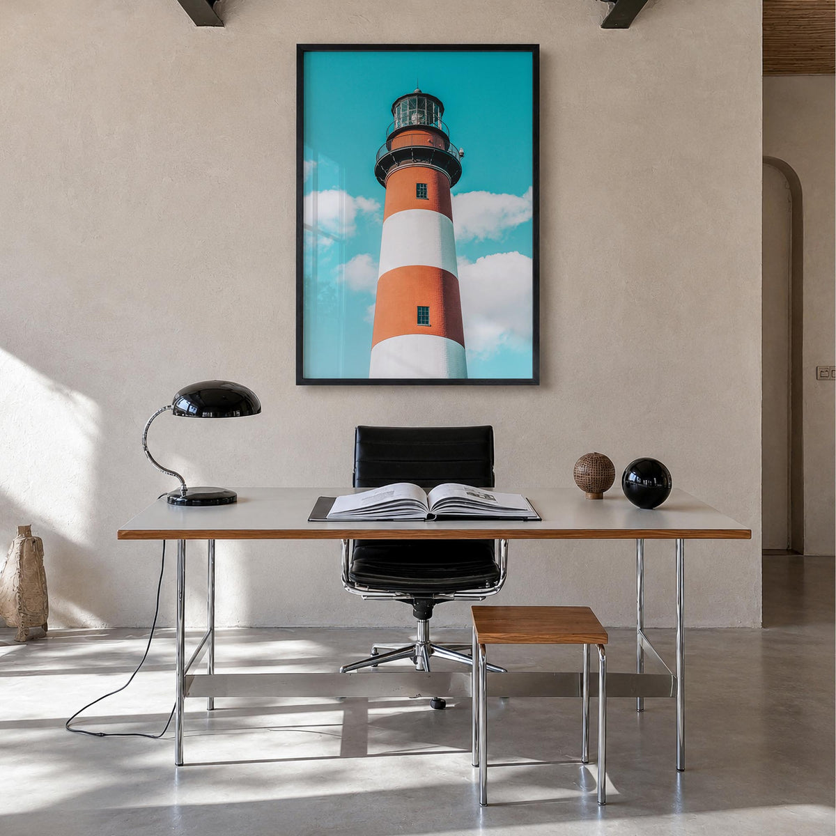 Lighthouse no. 4 colorful photo poster – vertical wall art in black wood frame, hanging on wall