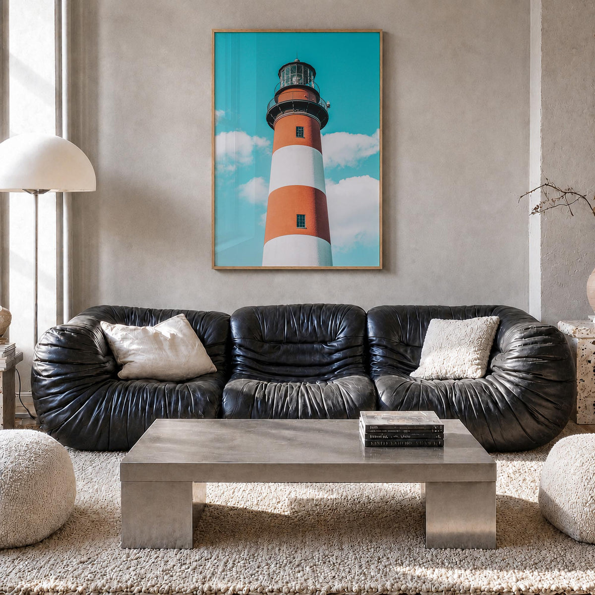 Lighthouse no. 4 colorful photo poster – vertical wall art in natural wood frame, hanging on wall