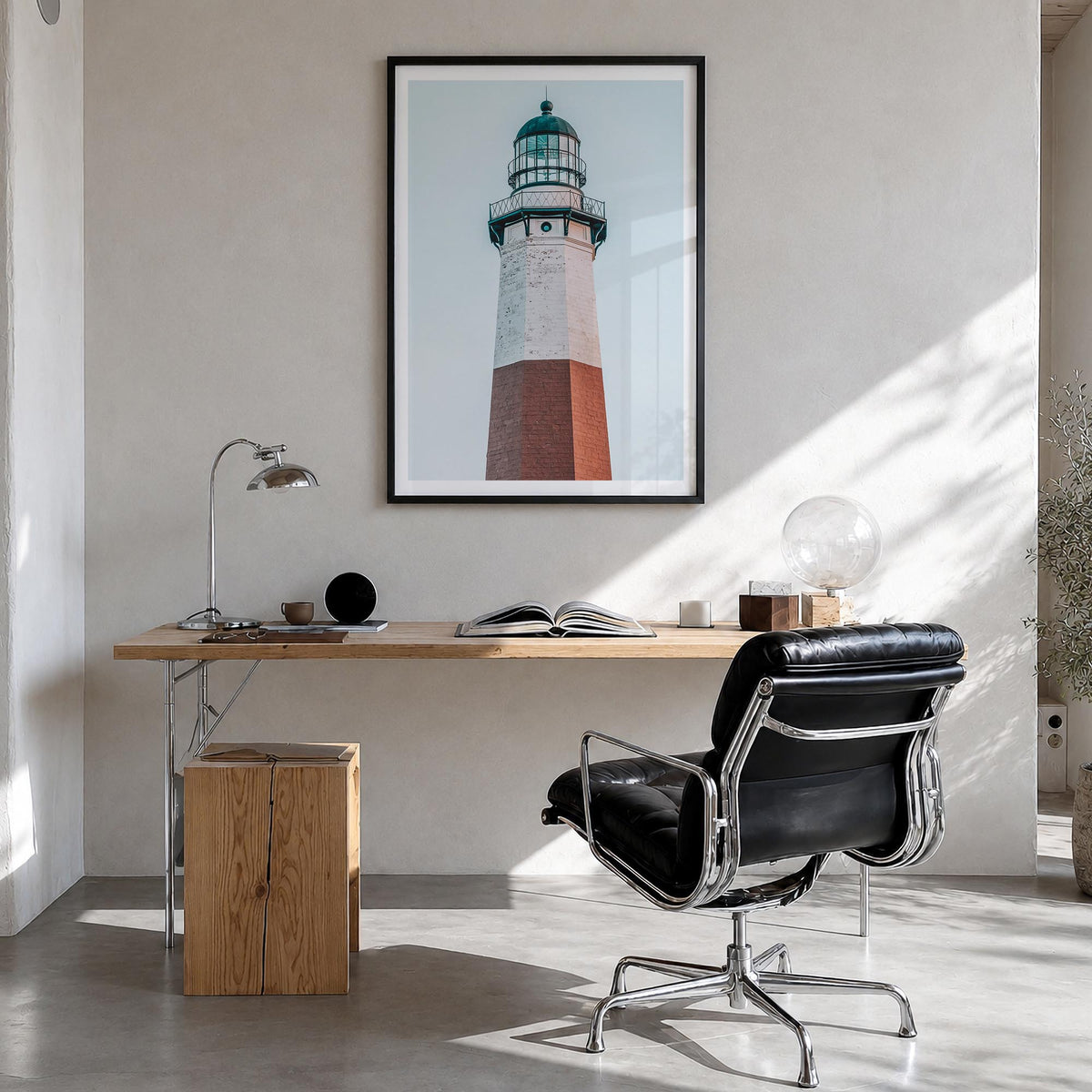 Lighthouse no. 5 colorful photo poster – vertical wall art in black wood frame with white border, hanging on wall