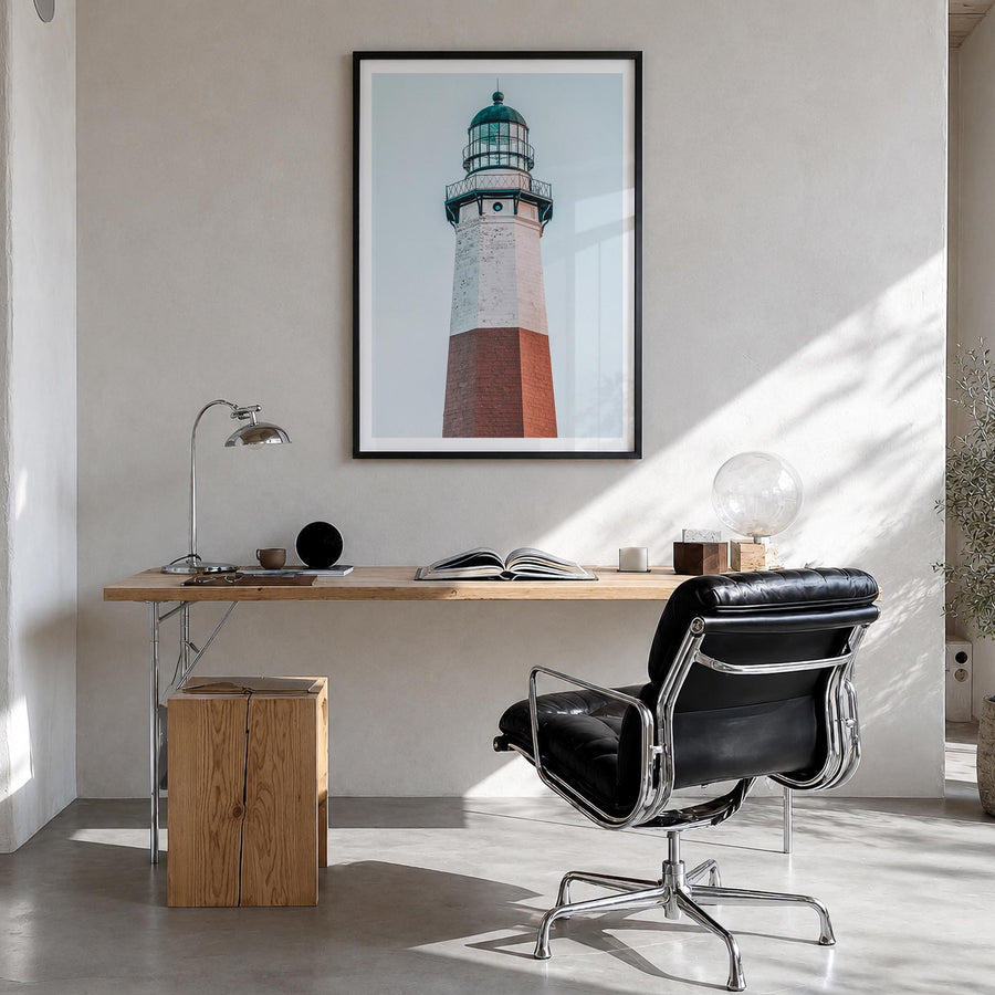 Lighthouse no. 5 colorful photo poster – vertical wall art in black wood frame with white border, hanging on wall