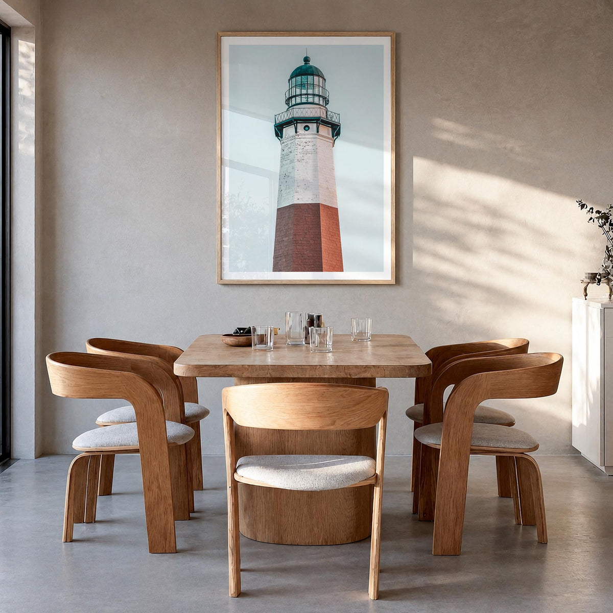 Lighthouse no. 5 colorful photo poster – vertical wall art in natural wood frame with white border, hanging on wall