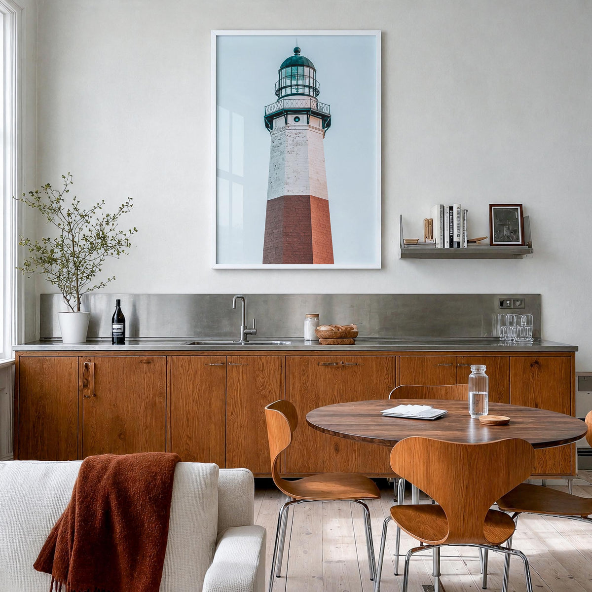 Lighthouse no. 5 colorful photo poster – vertical wall art in white wood frame, hanging on wall