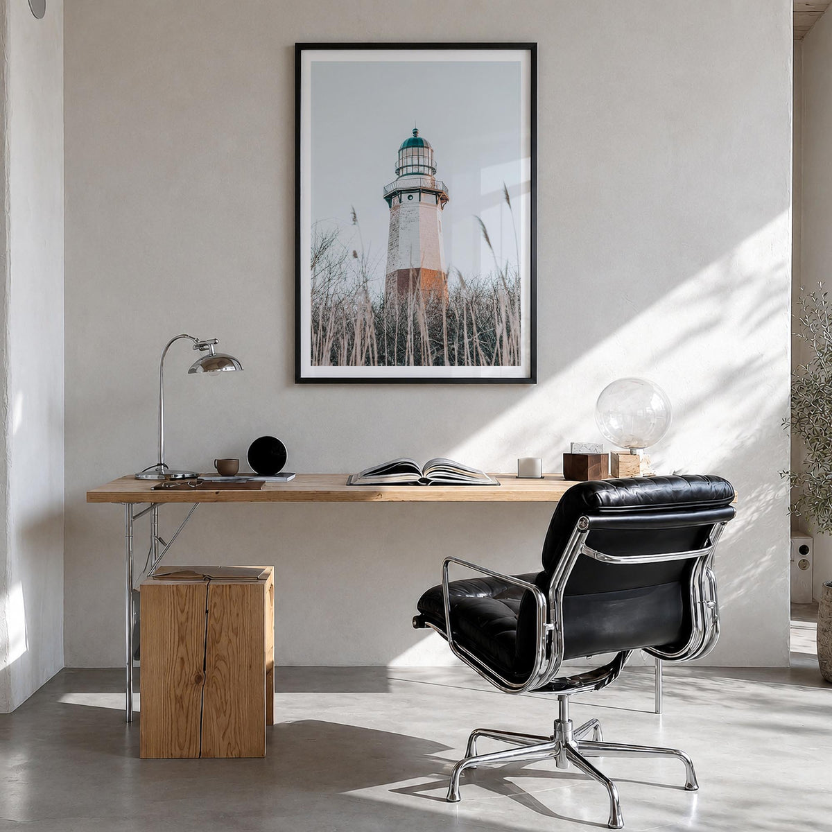 Lighthouse no. 6 colorful photo poster – vertical wall art in black wood frame with white border, hanging on wall