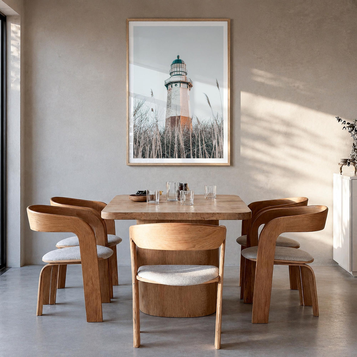 Lighthouse no. 6 colorful photo poster – vertical wall art in natural wood frame with white border, hanging on wall