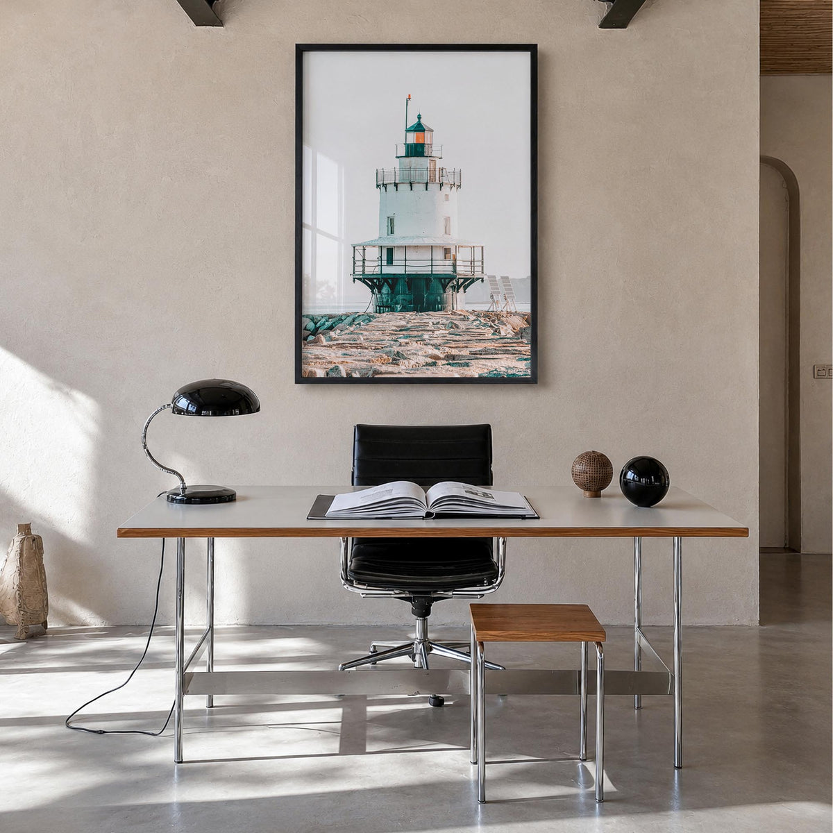 Lighthouse no. 7 colorful photo poster – vertical wall art in black wood frame, hanging on wall