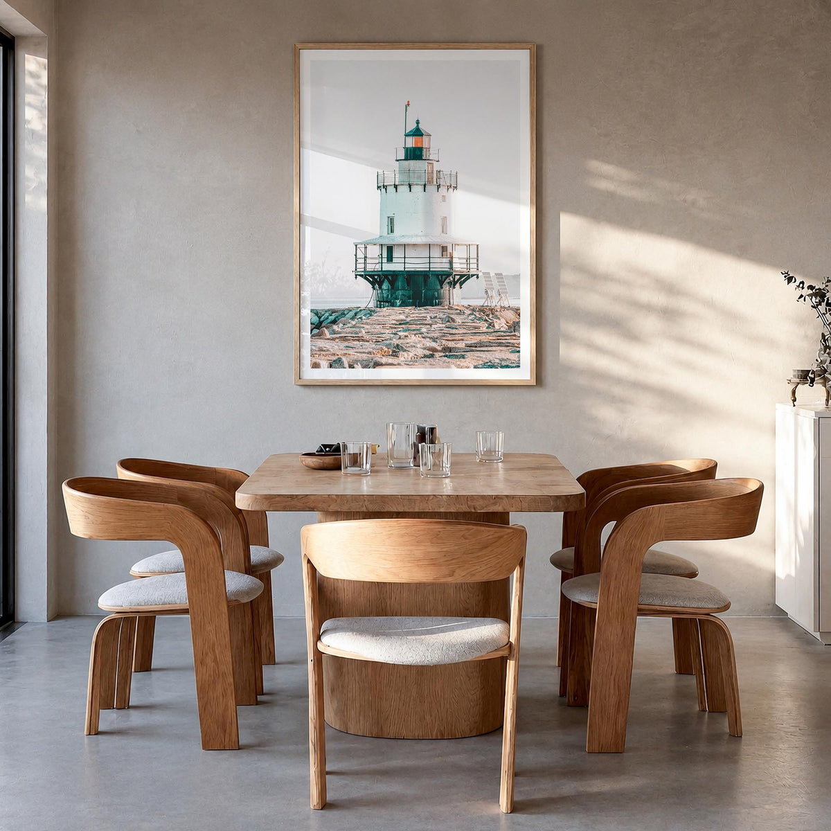 Lighthouse no. 7 colorful photo poster – vertical wall art in natural wood frame with white border, hanging on wall