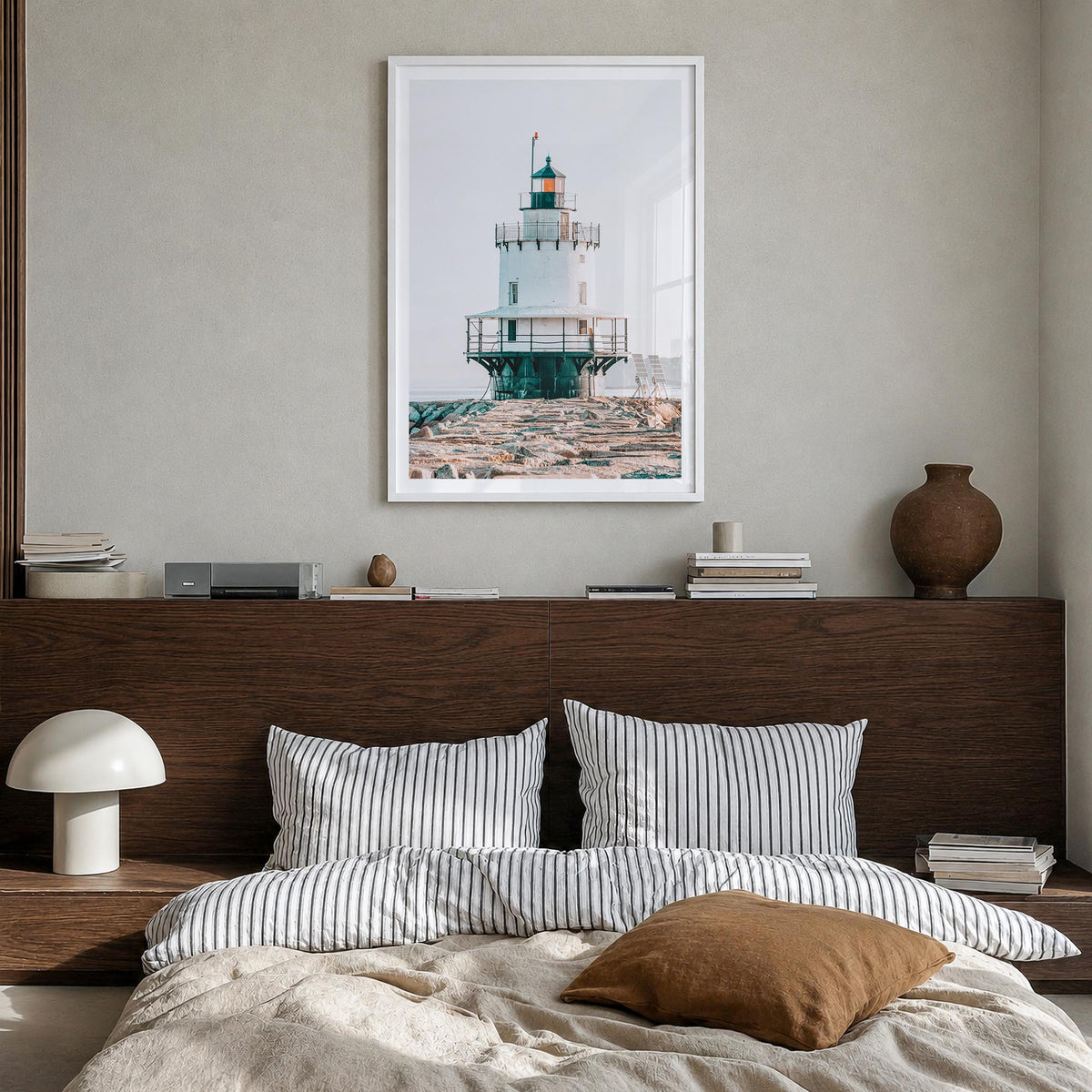 Lighthouse no. 7 colorful photo poster – vertical wall art in white wood frame with white border, hanging on wall