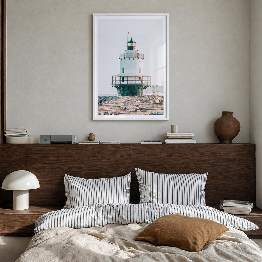 Lighthouse no. 7 colorful photo poster – vertical wall art in white wood frame with white border, hanging on wall
