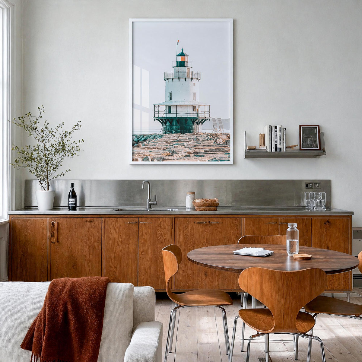 Lighthouse no. 7 colorful photo poster – vertical wall art in white wood frame, hanging on wall