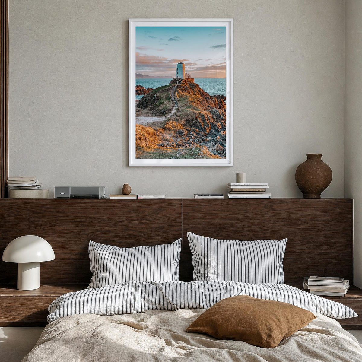 Lighthouse no. 8 colorful photo poster – vertical wall art in white wood frame with white border, hanging on wall