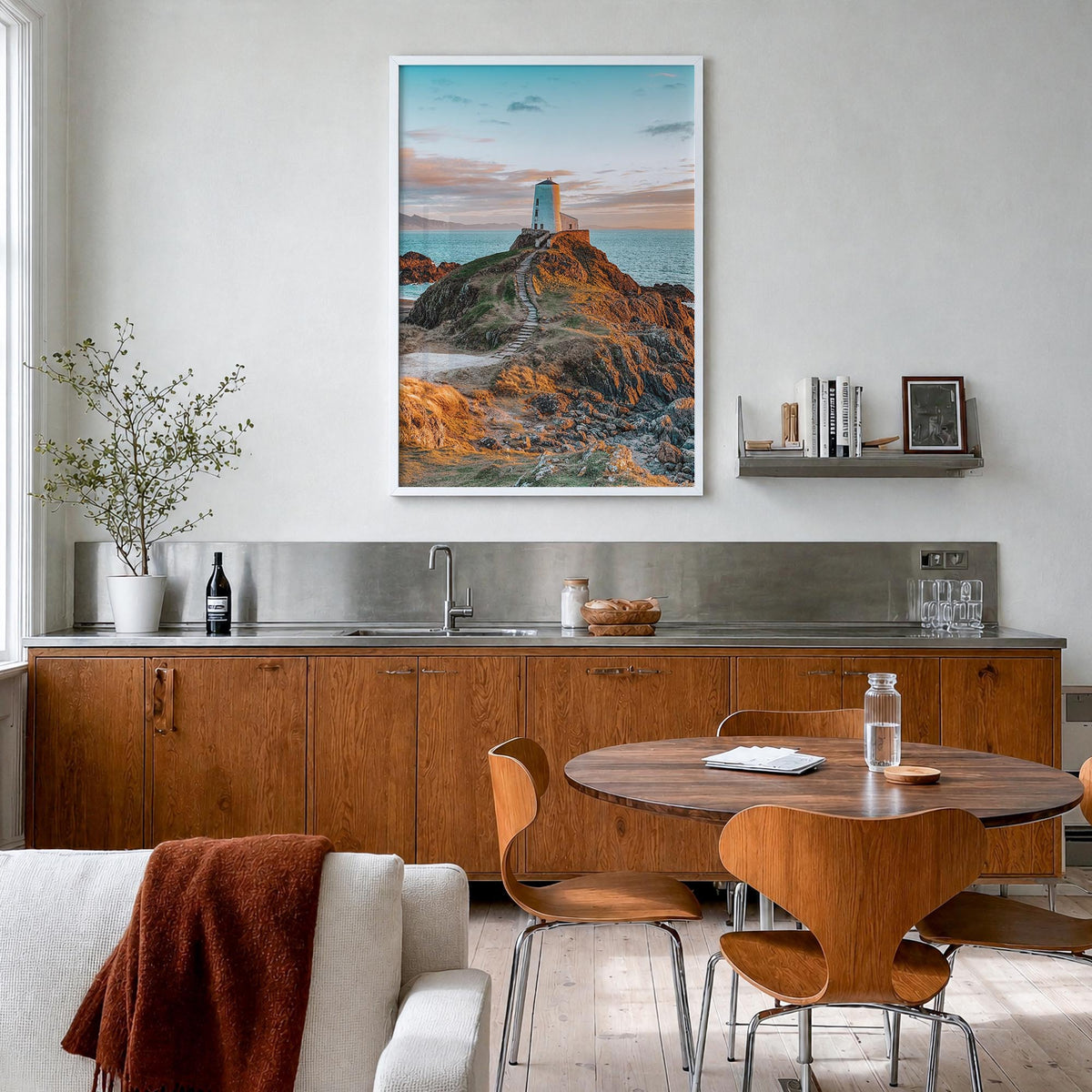 Lighthouse no. 8 colorful photo poster – vertical wall art in white wood frame, hanging on wall