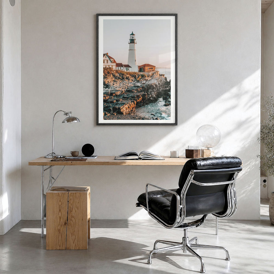 Lighthouse Photo No 2 Poster in a black wood frame, hanging in a bright home office, white border