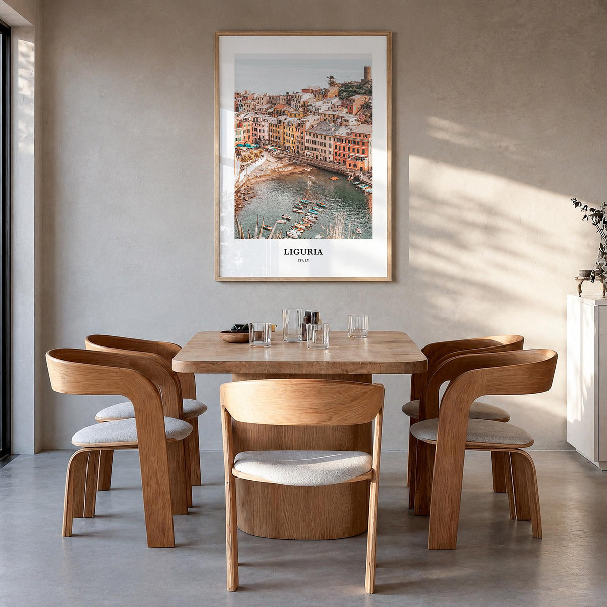 Liguria colorful classic poster of Italy – vertical wall art in natural wood frame, hanging on wall