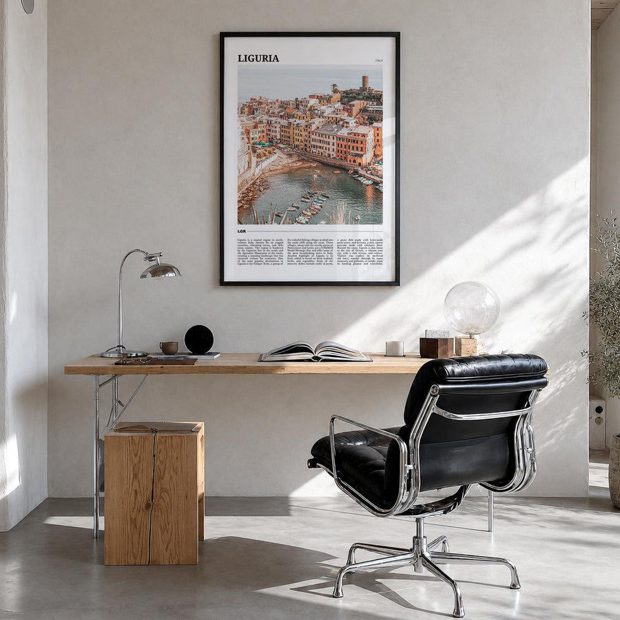 Liguria colorful travel poster of Italy – vertical wall art in black wood frame, hanging on wall