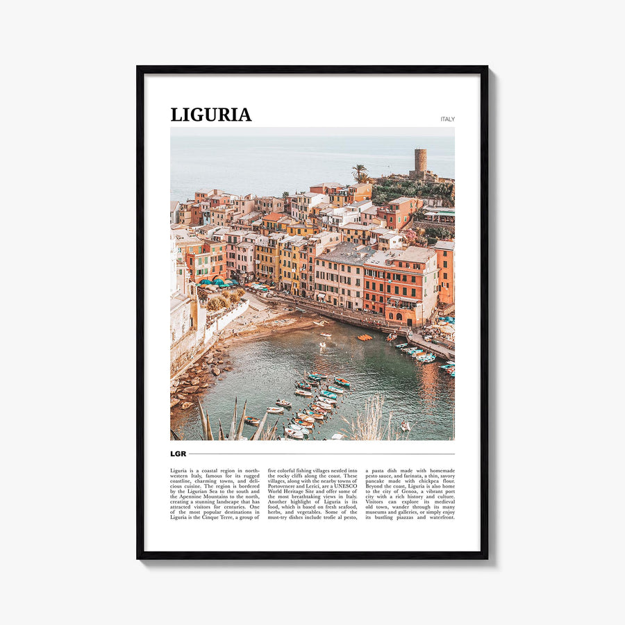 Liguria colorful travel poster of Italy – vertical wall art, unframed print shown in interior mockup