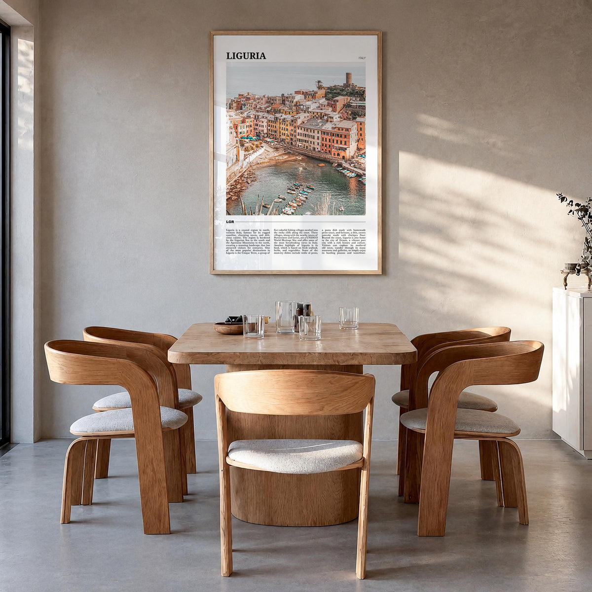 Liguria colorful travel poster of Italy – vertical wall art in natural wood frame, hanging on wall