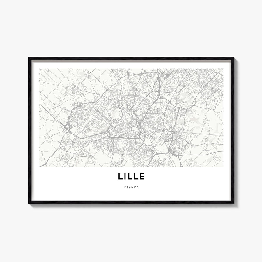 Lille black & white map poster of France – horizontal wall art, unframed print shown in interior mockup