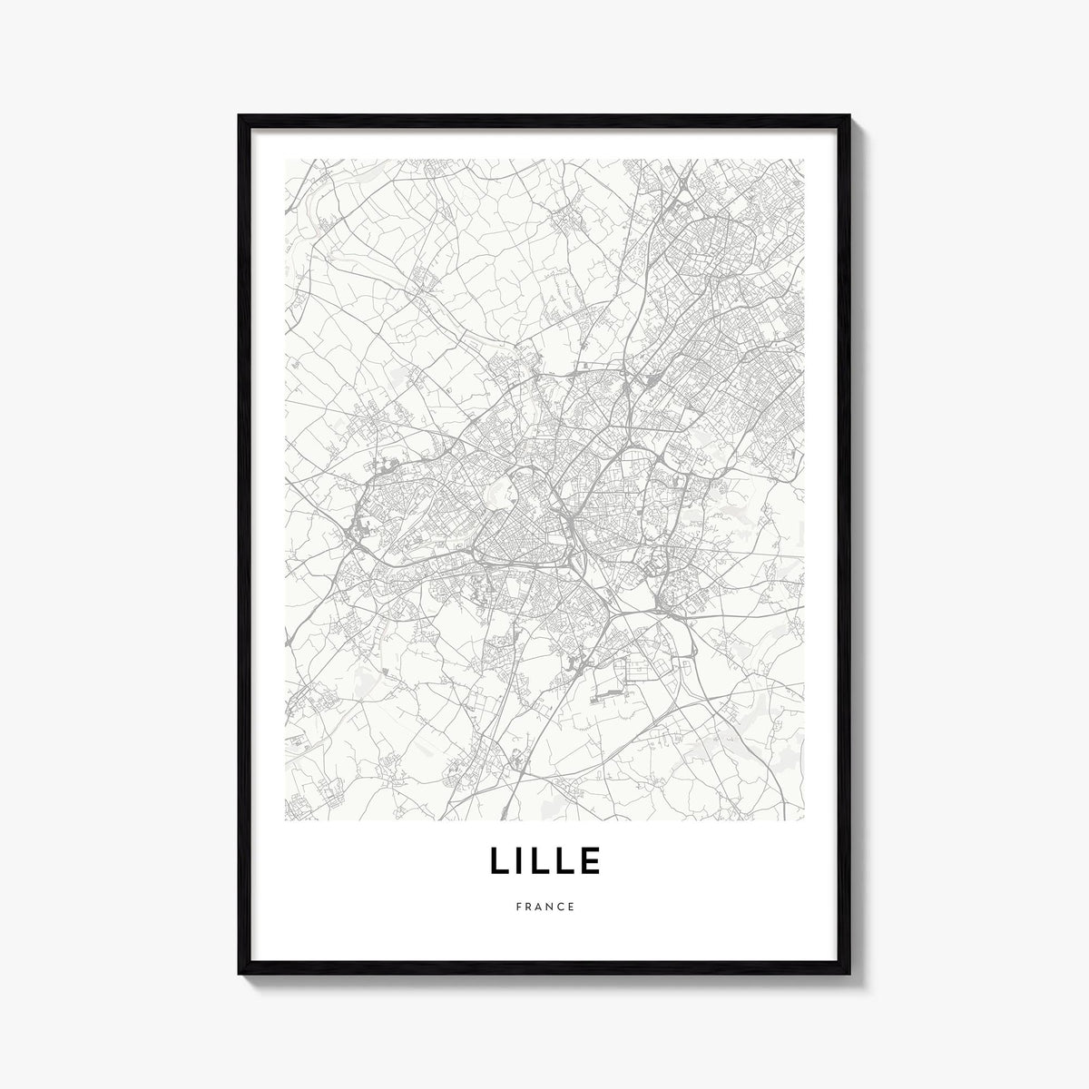 Lille black & white map poster of France – vertical wall art, unframed print shown in interior mockup