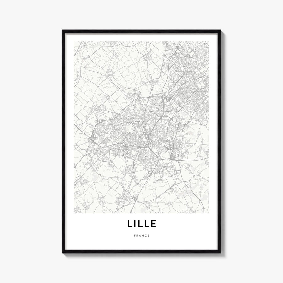 Lille black & white map poster of France – vertical wall art, unframed print shown in interior mockup