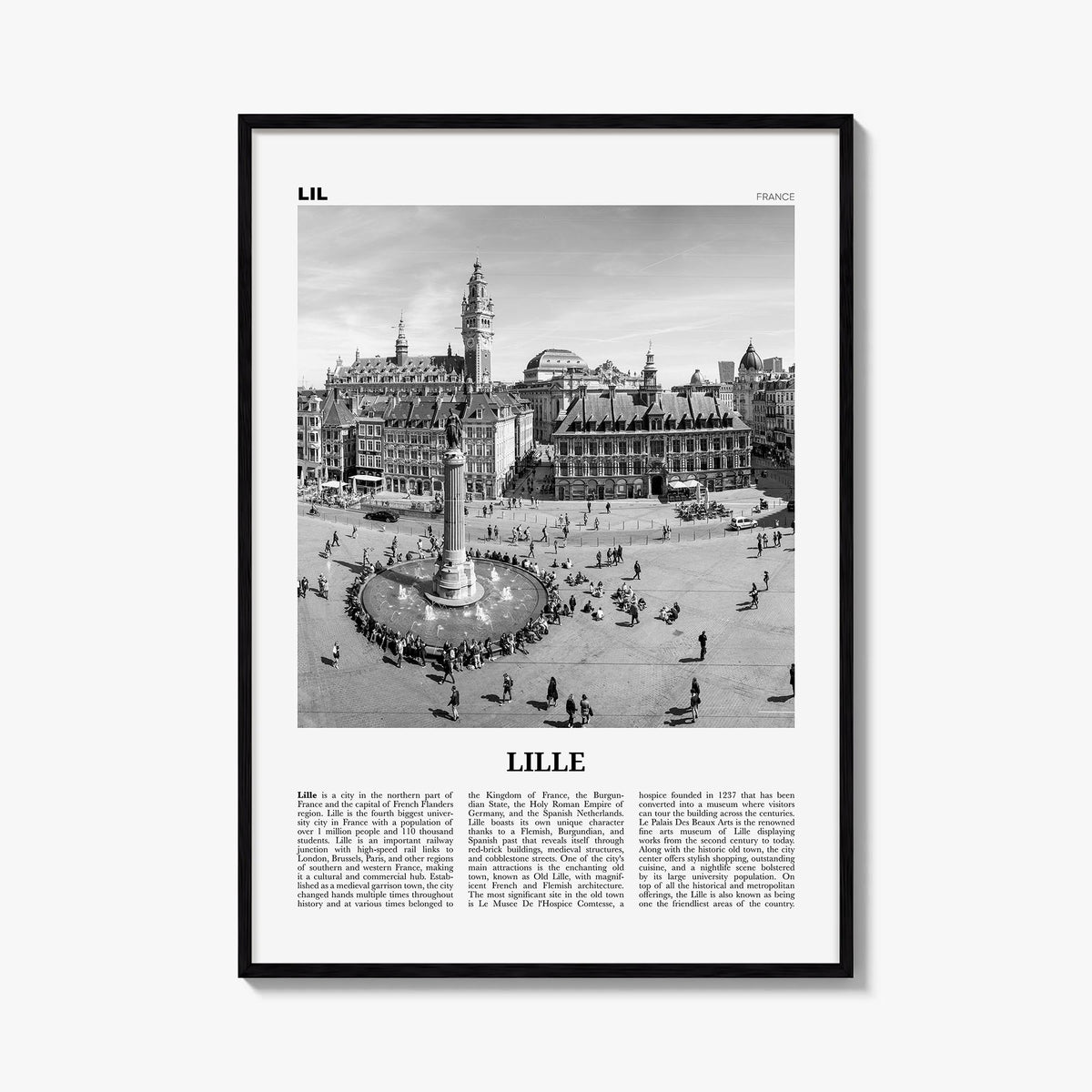 Lille black & white newspaper poster of France – vertical wall art, unframed print shown in interior mockup
