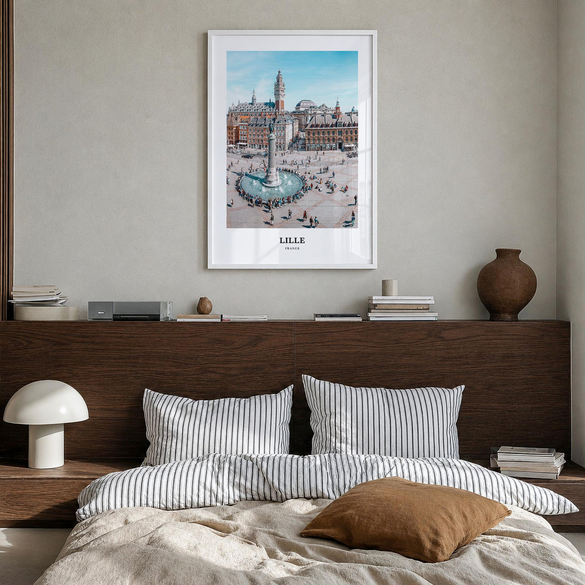 Lille colorful classic poster of France – vertical wall art in white wood frame, hanging on wall