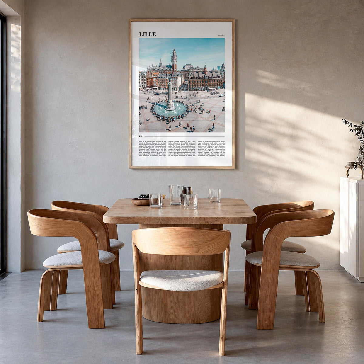 Lille colorful travel poster of France – vertical wall art in natural wood frame, hanging on wall