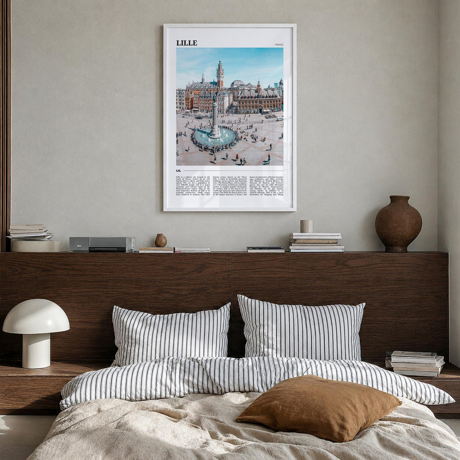 Lille colorful travel poster of France – vertical wall art in white wood frame, hanging on wall