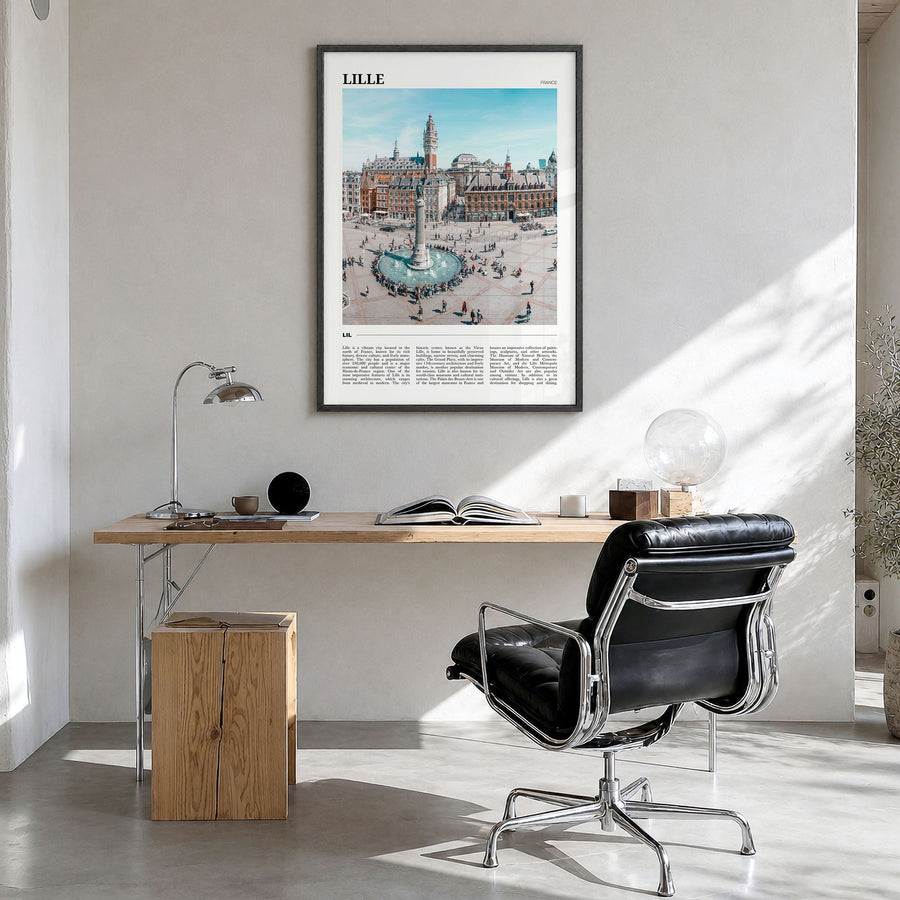 Lille Travel Poster in a black wood frame, hanging in a bright home office