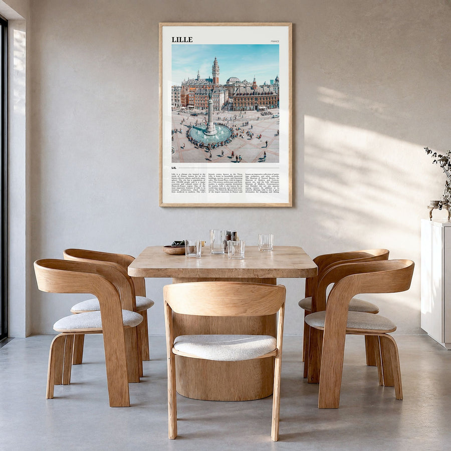 Lille Travel Poster in a natural wood frame, hanging in a dining room