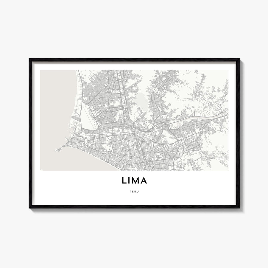 Lima black & white map poster of Peru – horizontal wall art, unframed print shown in interior mockup