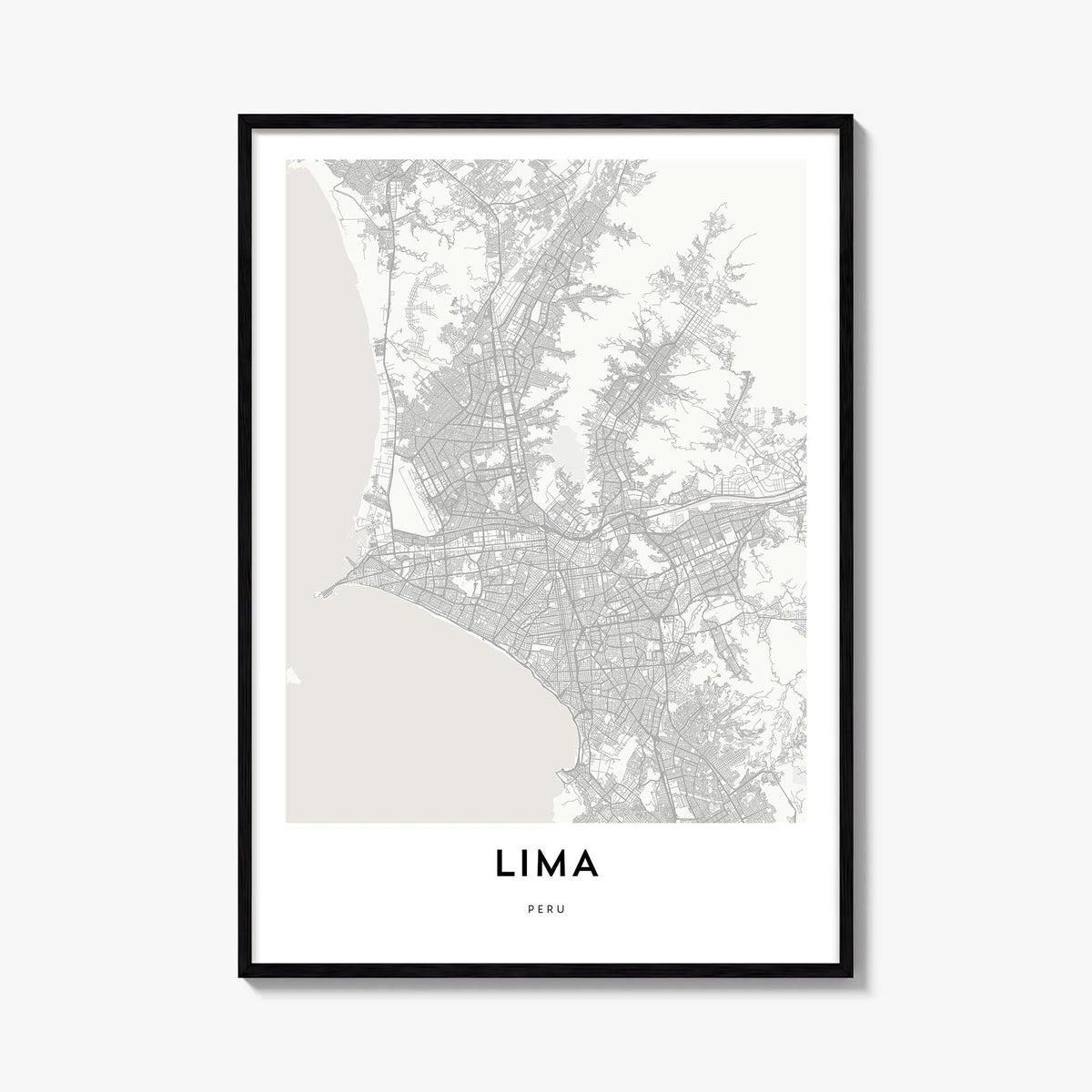 Lima black & white map poster of Peru – vertical wall art, unframed print shown in interior mockup