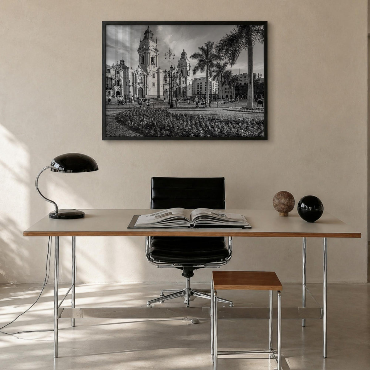 Lima black & white photo poster of Peru – horizontal wall art in black wood frame, hanging on wall