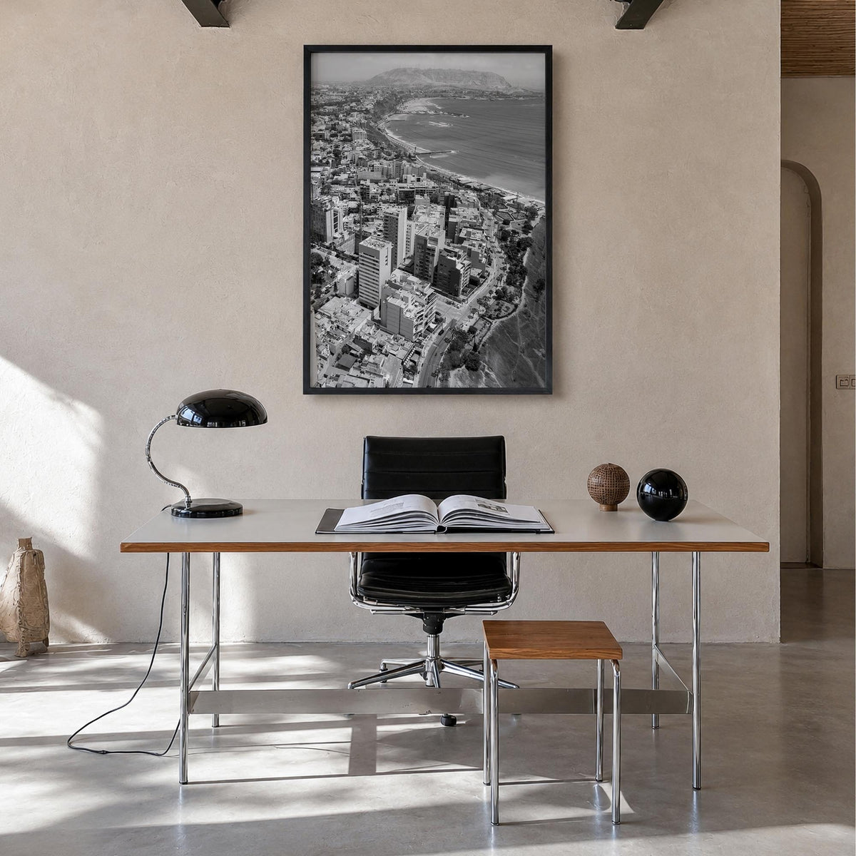 Lima black & white photo poster of Peru – vertical wall art in black wood frame, hanging on wall