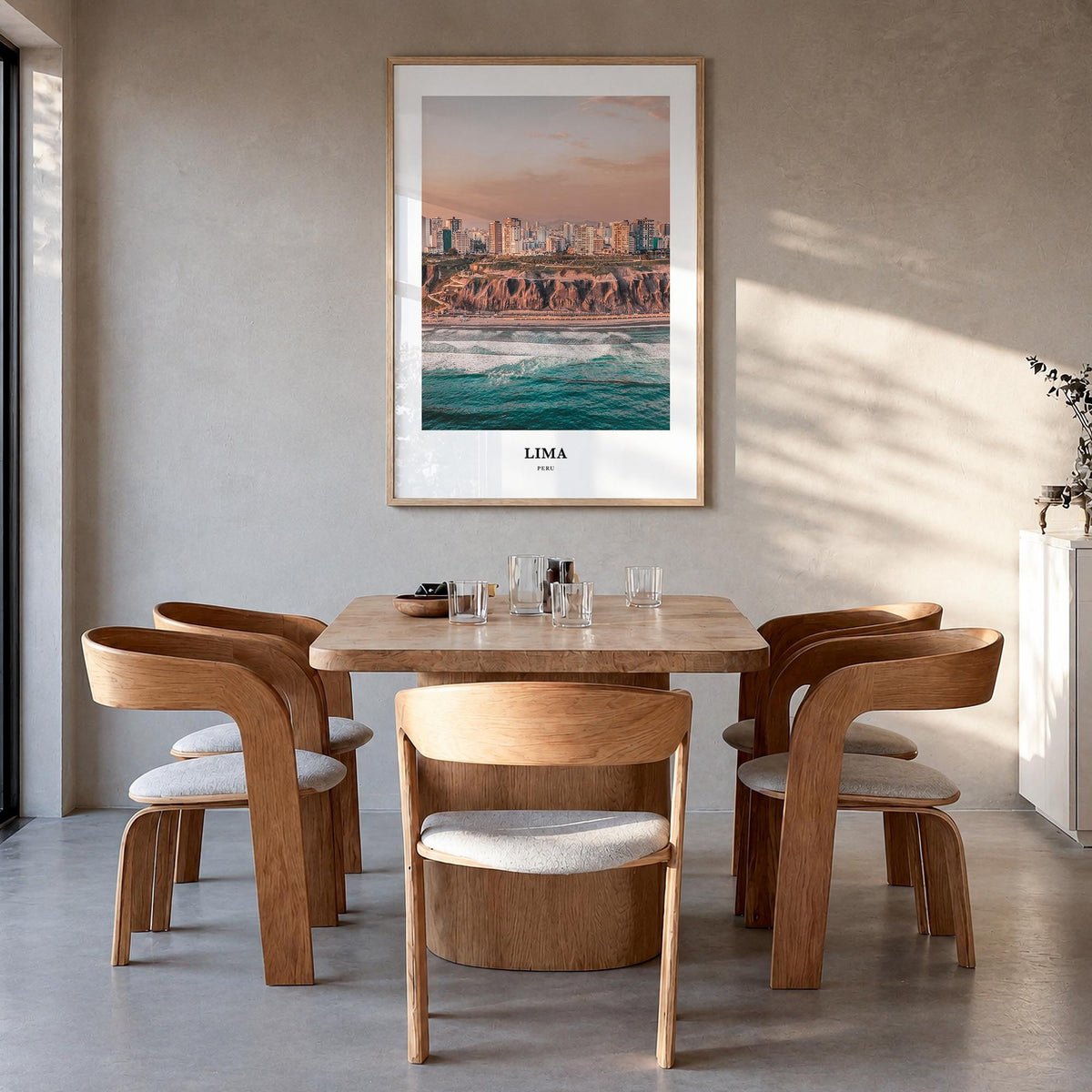 Lima colorful classic poster of Peru – vertical wall art in natural wood frame, hanging on wall