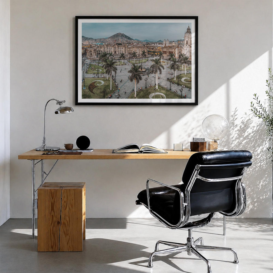 Lima colorful photo poster of Peru – horizontal wall art in black wood frame with white border, hanging on wall