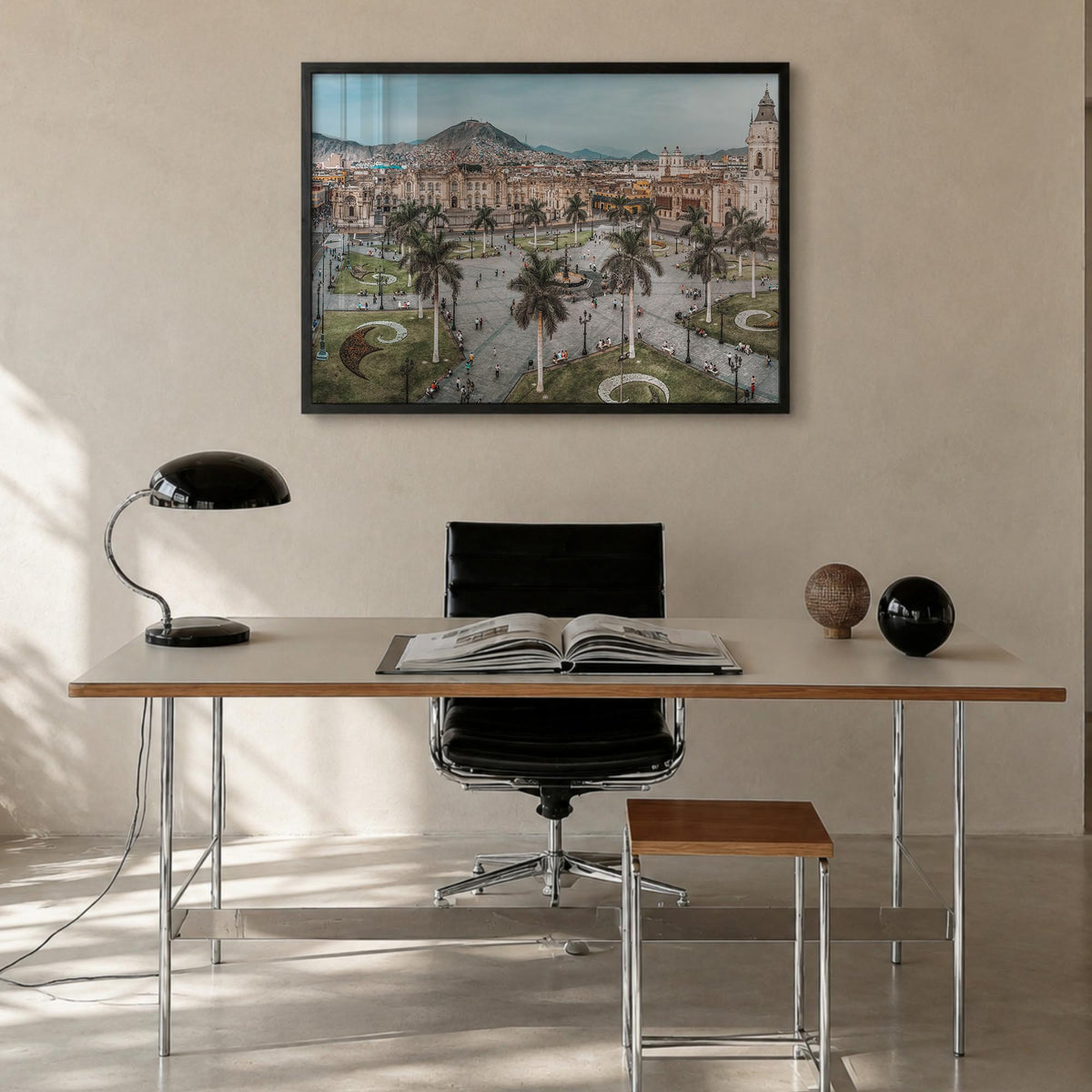 Lima colorful photo poster of Peru – horizontal wall art in black wood frame, hanging on wall