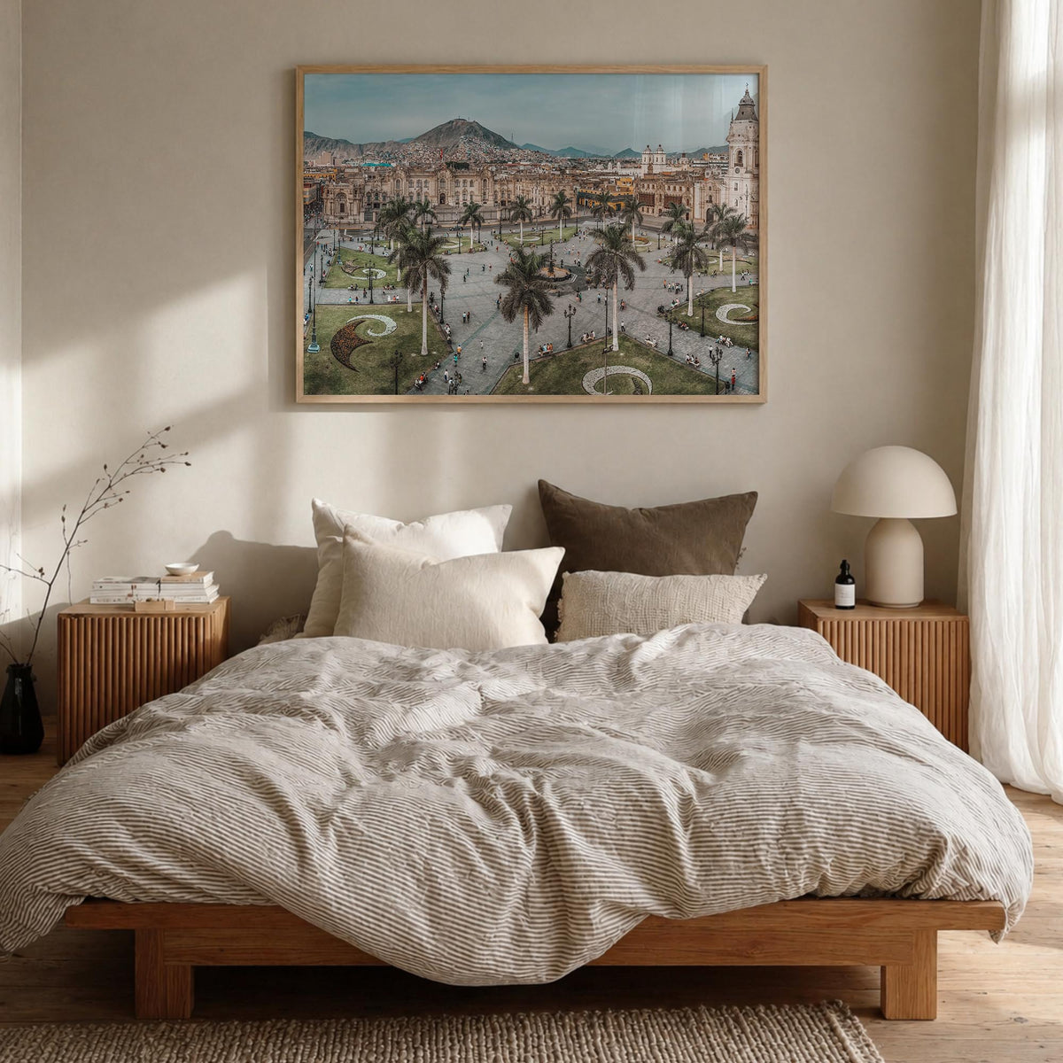 Lima colorful photo poster of Peru – horizontal wall art in natural wood frame, hanging on wall