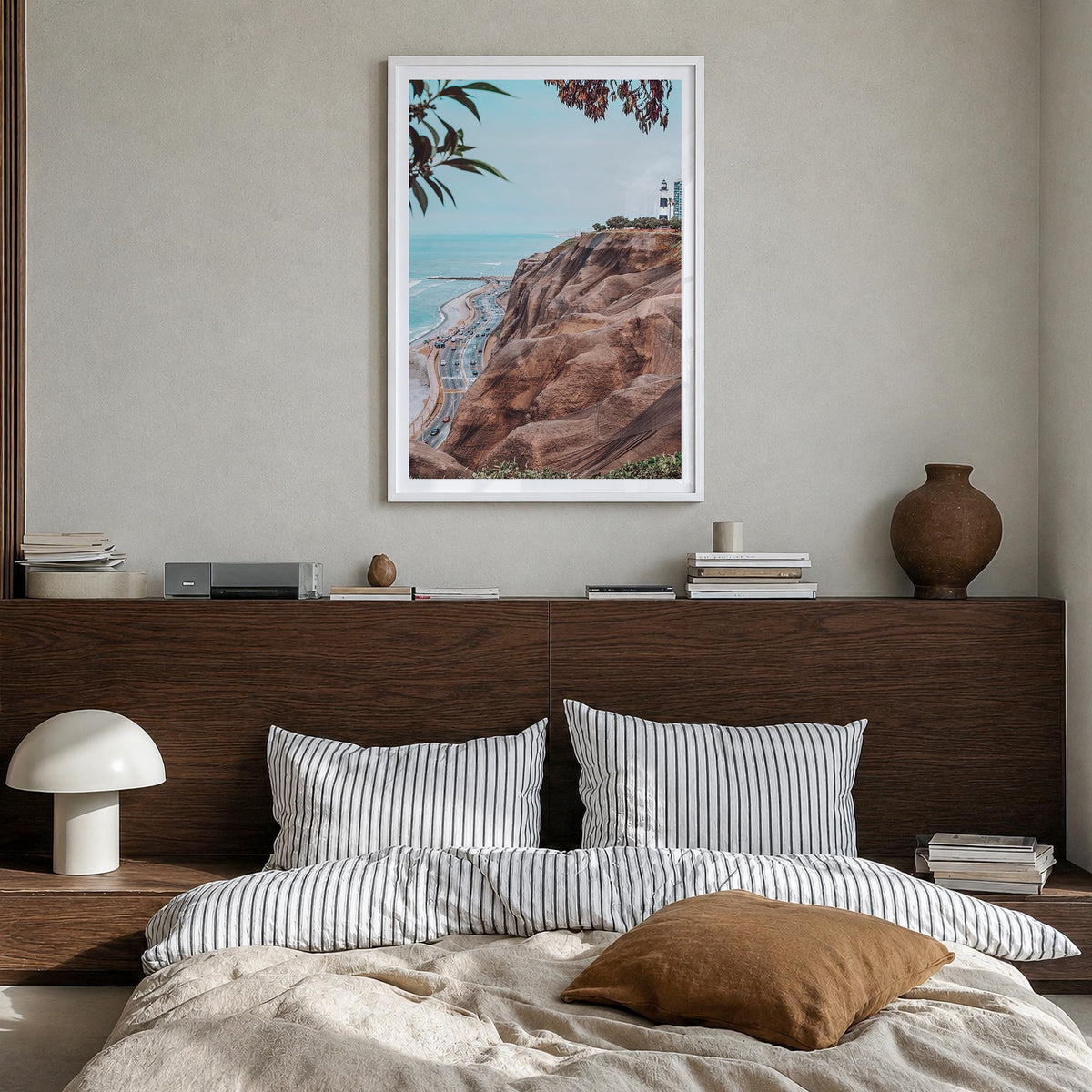 Lima colorful photo poster of Peru – vertical wall art in white wood frame with white border, hanging on wall