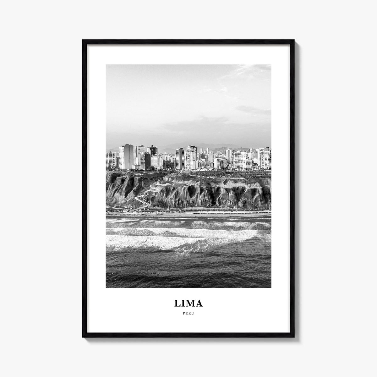 Lima no. 1 black & white classic poster of Peru – vertical wall art, unframed print shown in interior mockup