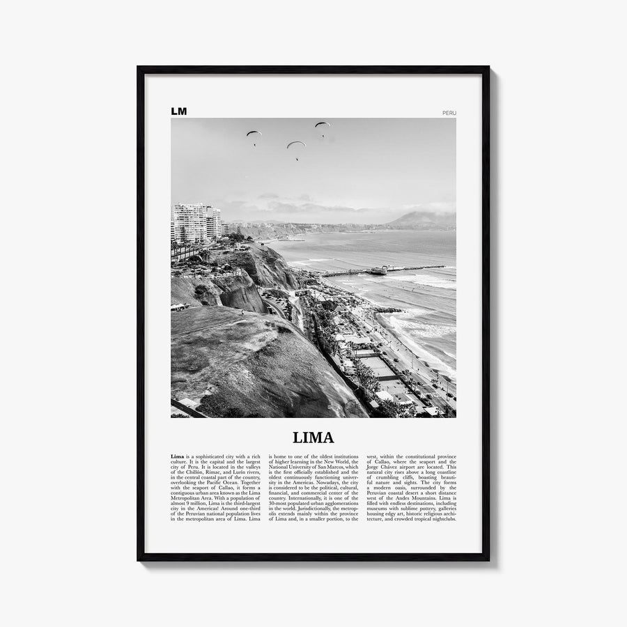 Lima no. 1 black & white newspaper poster of Peru – vertical wall art, unframed print shown in interior mockup