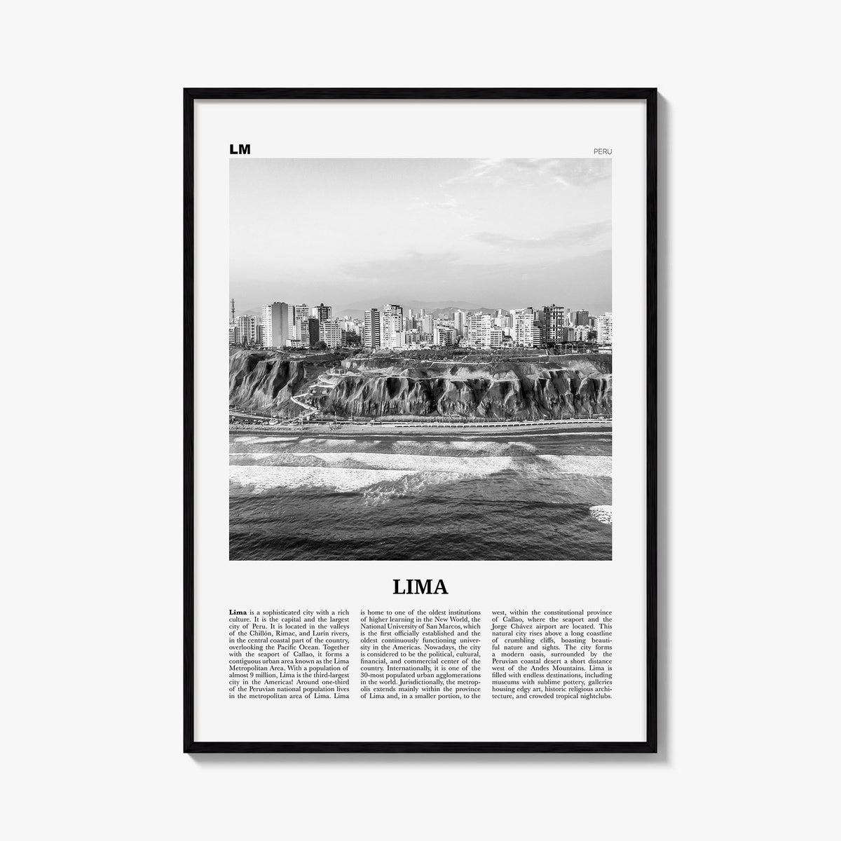Lima no. 2 black & white newspaper poster of Peru – vertical wall art, unframed print shown in interior mockup