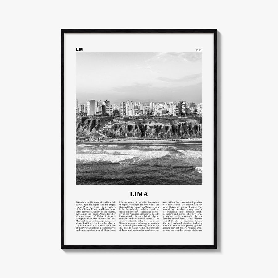 Lima no. 2 black & white newspaper poster of Peru – vertical wall art, unframed print shown in interior mockup
