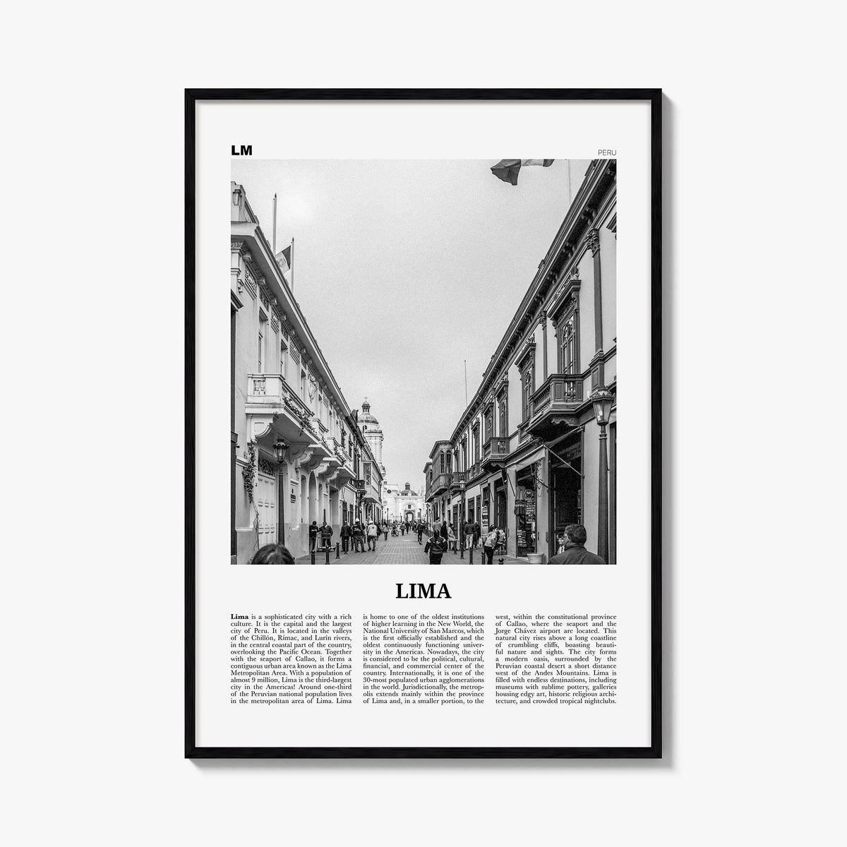 Lima no. 3 black & white newspaper poster of Peru – vertical wall art, unframed print shown in interior mockup