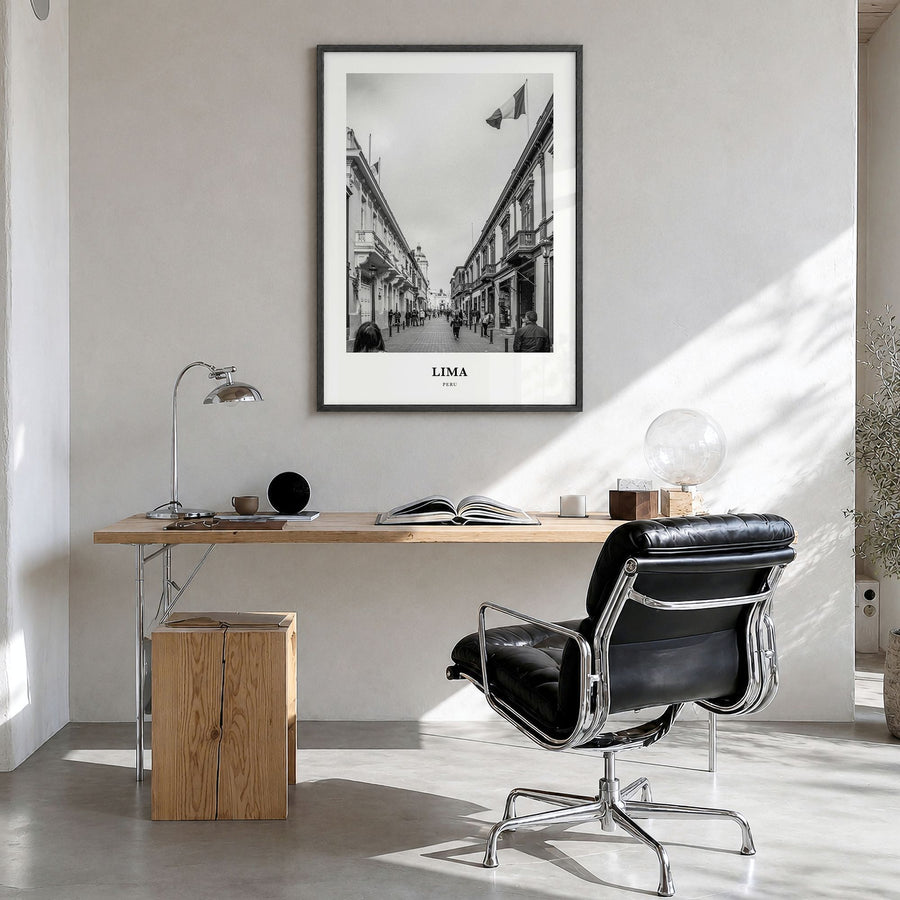 Lima Classic No 2 Poster in a black wood frame, hanging in a bright home office