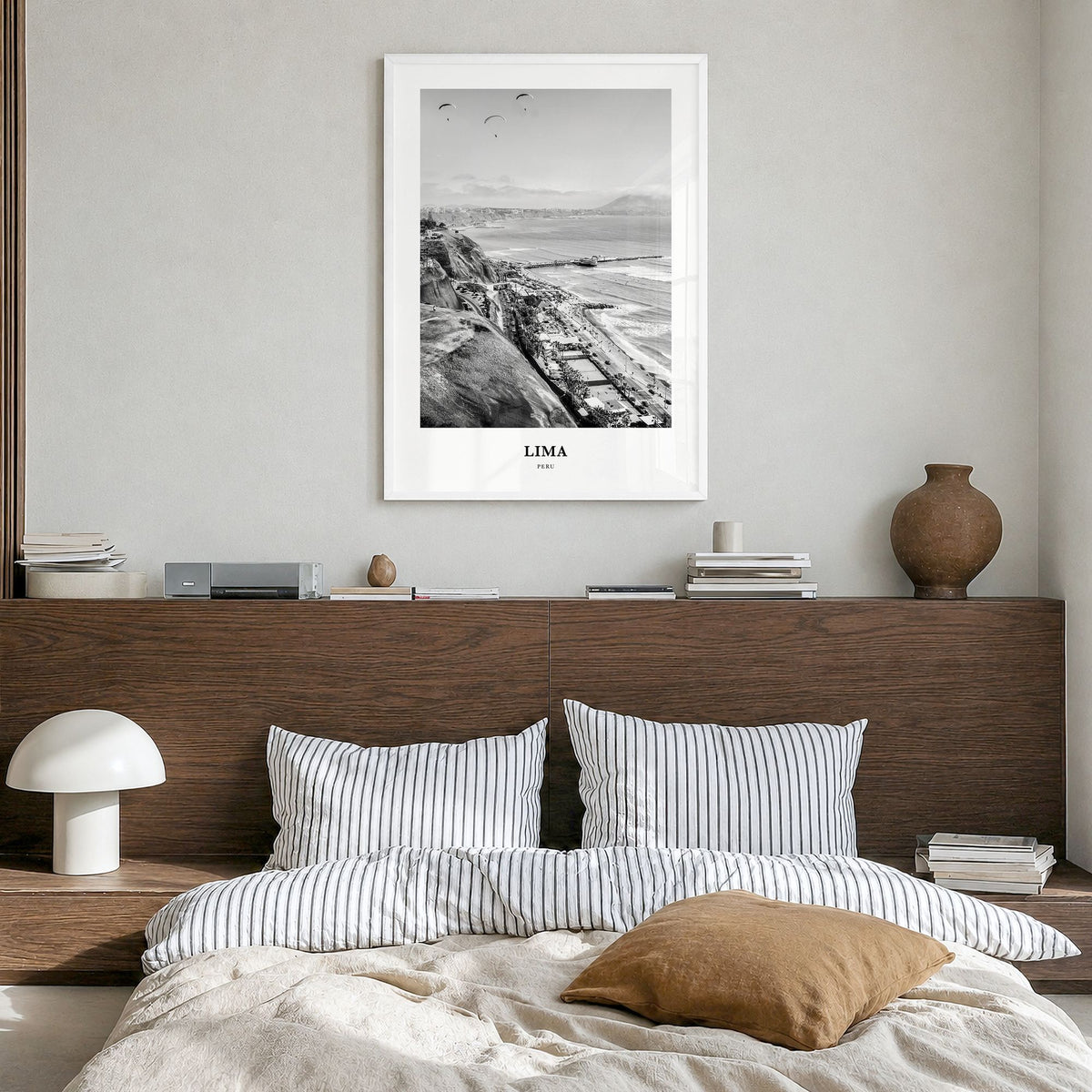 Lima Classic No 3 Poster in a white wood frame, hanging in a bedroom